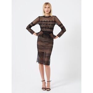 FRENCH‎ CONNECTION Black Lace Peplum Midi Dress Bodycon Long Sleeve Size 4 New